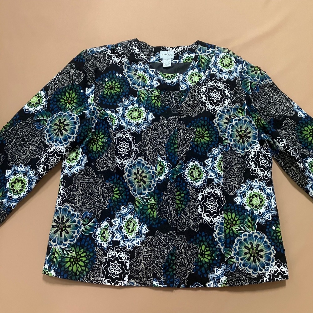 Chico's Women's Floral Embellished Top Cotton Blend Button Up Jacket Size 3 / XL